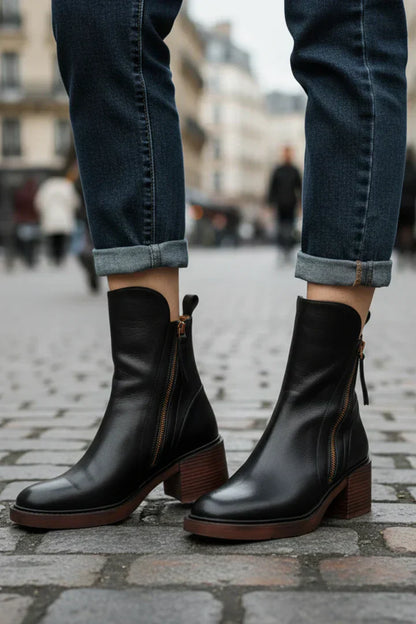 Valorine™ | Bota de piel negra con tacón cómodo, elegante y atemporal