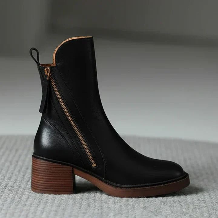 Valorine™ | Bota de piel negra con tacón cómodo, elegante y atemporal